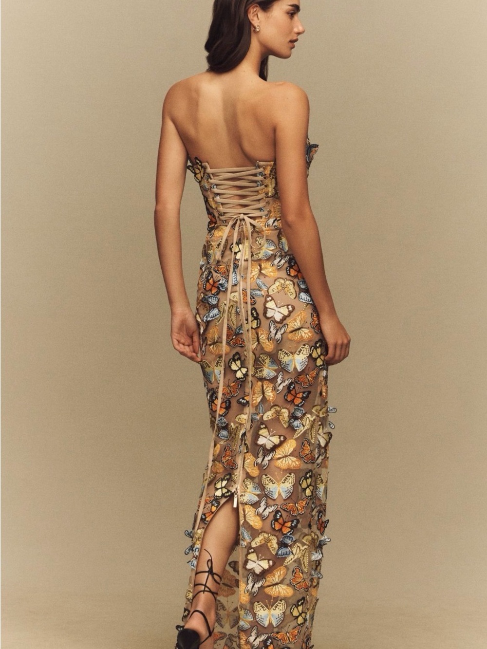 BRONX AND BANCO BELLA Strapless Butterfly Embroidered Sheath Dress in Gold - Picture 2 of 3